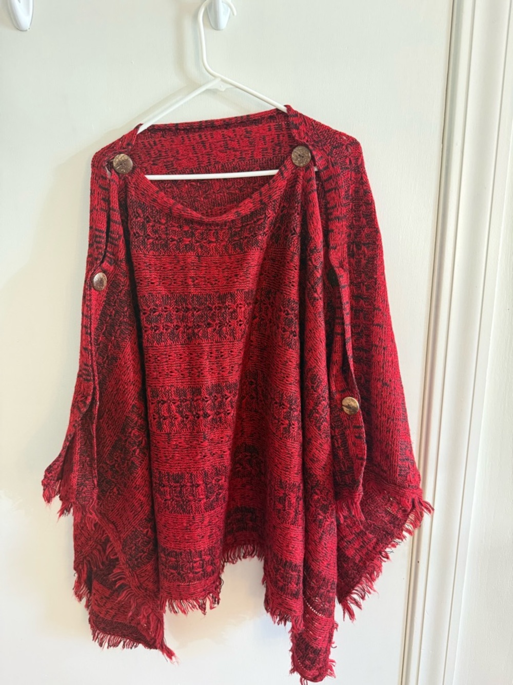 Red Fringe Knit Poncho Sweater